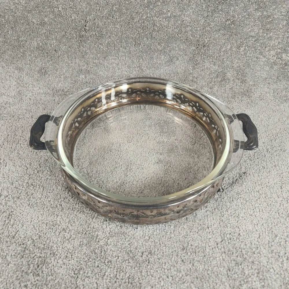 Vintage Silver Plate Pierced Pyrex Casserole Dish Holder with Glass Insert